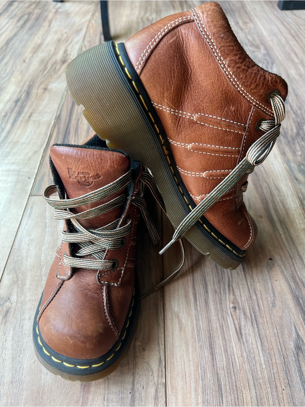 Dr. Martens Chestnut Brown Leather Ankle Boots with Yellow Stitching